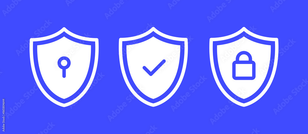 Poster security shield icons, security shields symbols with check mark, padlock and key hole. safety shield