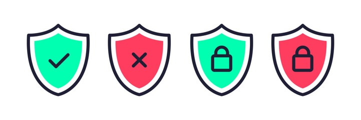 Security shield icons, security shields symbols with check mark and padlock. Safety shields icon set. Access approved and denied symbols. Vector illustration