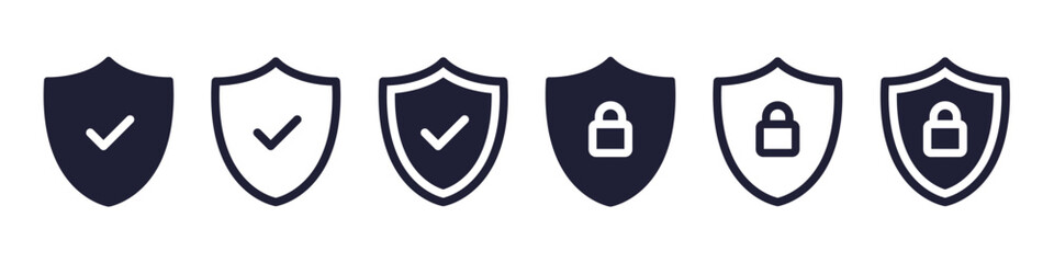 Security shield icons, security shields logotypes with check mark and padlock. Safety shield symbols. Vector illustration
