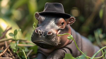 Cute Hippopotamus Wearing a Black Hat 3D Illustration