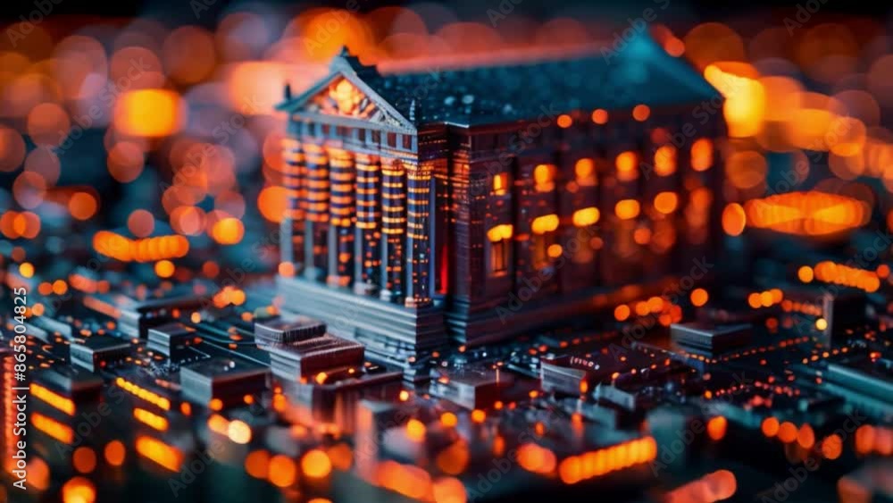 Aufkleber This model of a classical building with illuminated columns sits on a circuit board.