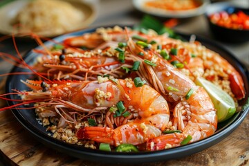 Popular Southeast Asian dish Fried butter prawn with cereal on wooden table