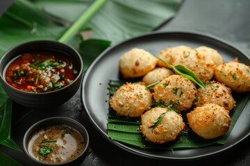 Popular South Indian snack served on a black plate Top view of Kerala snacks Kerala recipes Kerala fried snacks on banana leaf sweet and sav