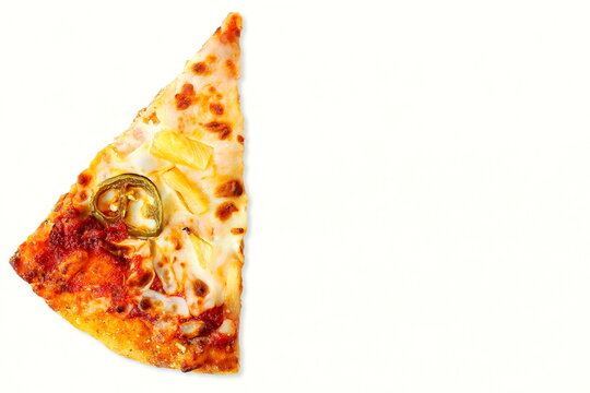 fresh tasty Slices of pizza with spices and various types topping on white background,top view,copy space
