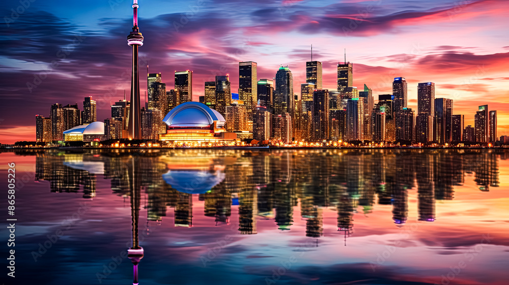Poster a city skyline with a large building in the middle and a large tower in the background.