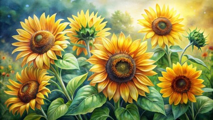 Vibrant yellow sunflowers bursting with energy amidst lush green foliage and delicate petals in soft watercolor hues and gentle texture.