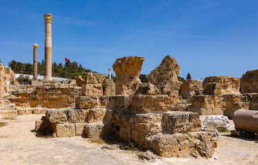 Scenic view of ruins of Roman Baths of Antoninus at Tunisian archaeological site of Carthage,...