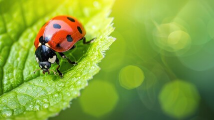 Fototapeta premium Ladybug on green leaf in nature