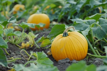 Pumpkins growing in garden field view orange autumn harvest