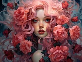 Artistic portrait of a woman with pink hair surrounded by roses. Ideal for beauty, fantasy, and floral themes
