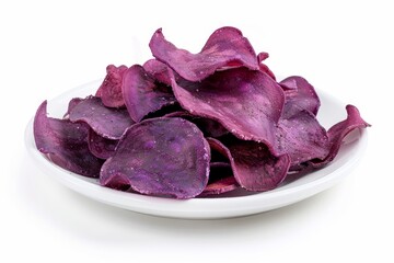 Obraz premium Purple sweet potato chips on a white plate with white background