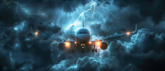 Commercial jetliner navigating turbulent weather with dramatic lightning against a dark cloudy backdrop