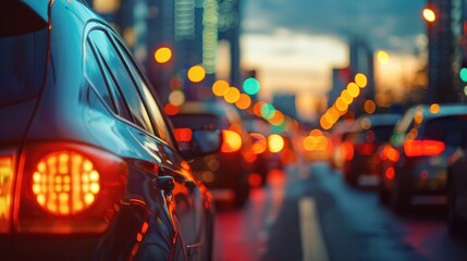 Close up of Modern cars in a traffic jam on the road, with a blurred city background. A summer evening time.