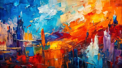 Vibrant abstract expressionist art piece featuring rough, textured brushstrokes and pallet knife strokes in blue, orange, red, purple, and white hues.
