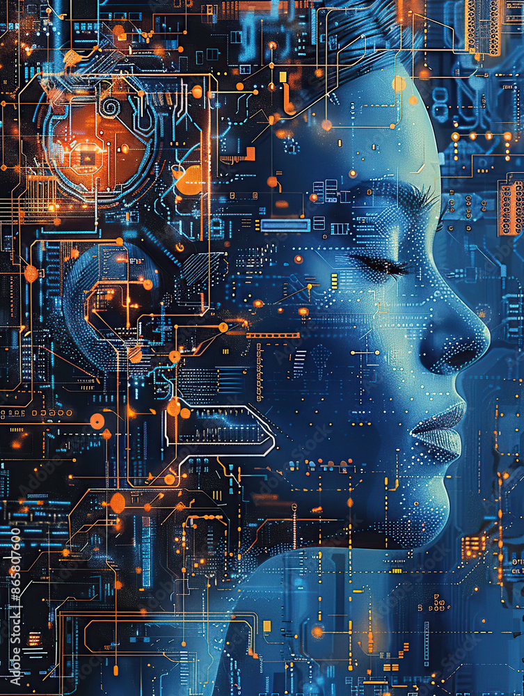 Aufkleber artificial intelligence, close-up of the face of an ai robot woman made up with circuitry and microc