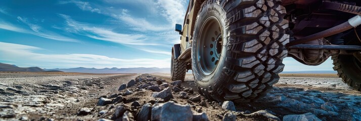 Close-up of off-road truck with large all-terrain tires on a gravel road, Pickup car are stopped on a dirt road, Travel, Road trip, Adventure.