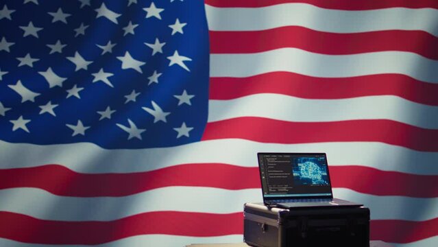 American programmer combating enemy bot accounts on social media with AI technology. Technician working for USA CIA agency building artificial intelligence algorithms to detect fake news, camera B