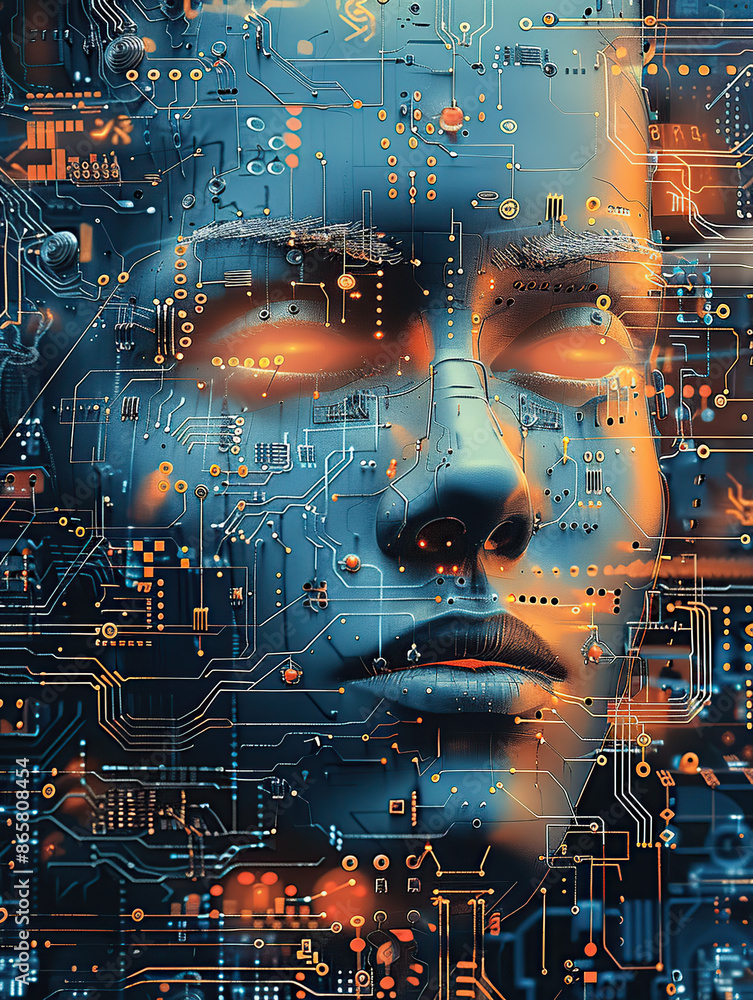 Aufkleber artificial intelligence, close-up of the face of an ai robot woman made up with circuitry and microc