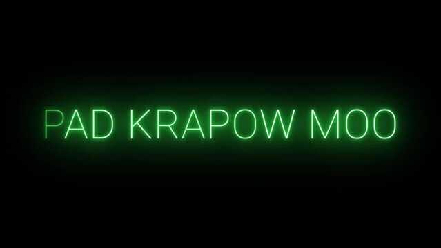 Flickering neon green glowing Pad Krapow Moo text animated on black background