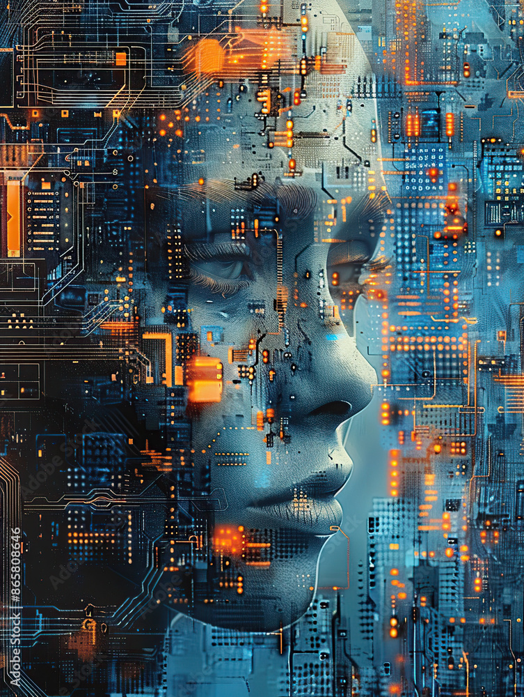 Aufkleber artificial intelligence, close-up of the face of an ai robot woman made up with circuitry and microc