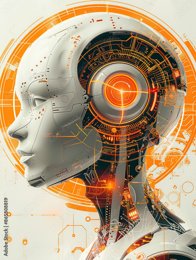 Poster a digital illustration of an ai robot head with a futuristic design, surrounded by circular orange a