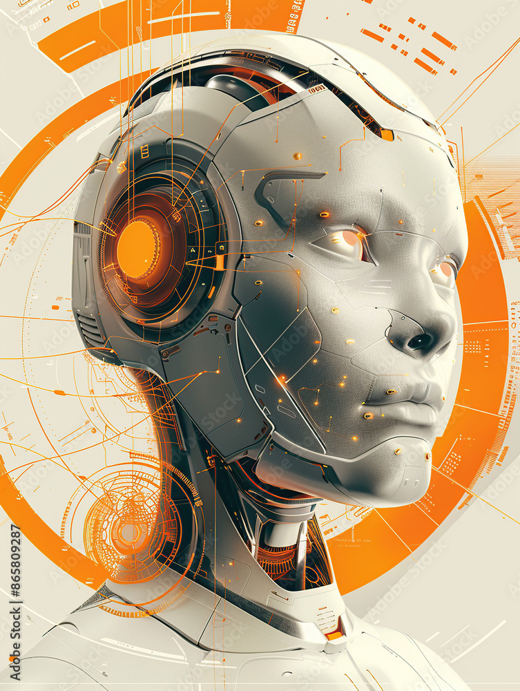 Poster a digital illustration of an ai robot head with a futuristic design, surrounded by circular orange a