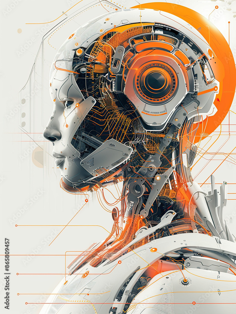 Poster a digital illustration of an ai robot head with a futuristic design, surrounded by circular orange a
