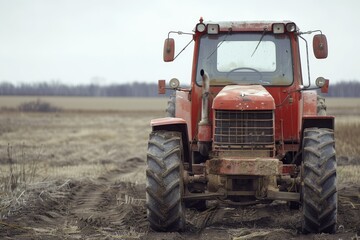 Fototapeta premium Red tractor from the front