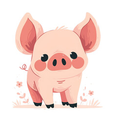 Naklejka premium Cute cartoon pig with big ears and rosy cheeks, standing among flowers. Adorable farm animal illustration.