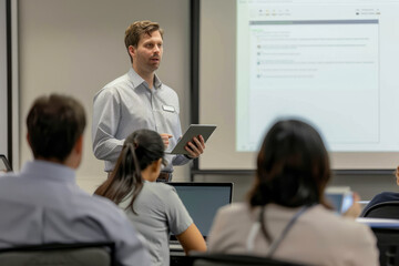 business man doing presentation, planning and talking in a meeting, seminar or training workshop in a boardroom. Manager sharing ideas, teaching and coaching new employees during conference
