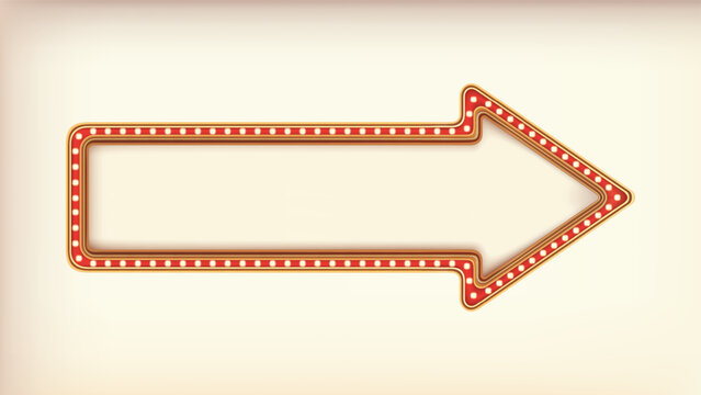 Retro advertising arrow sign red marquee gold light board on white background. Vector illustration