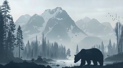 wilderness landscape with bear silhouette and misty mountains. 