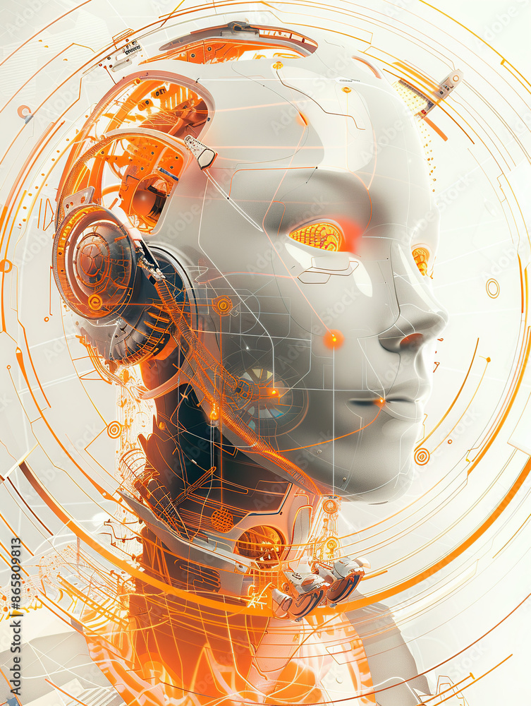Poster a digital illustration of an ai robot head with a futuristic design, surrounded by circular orange a