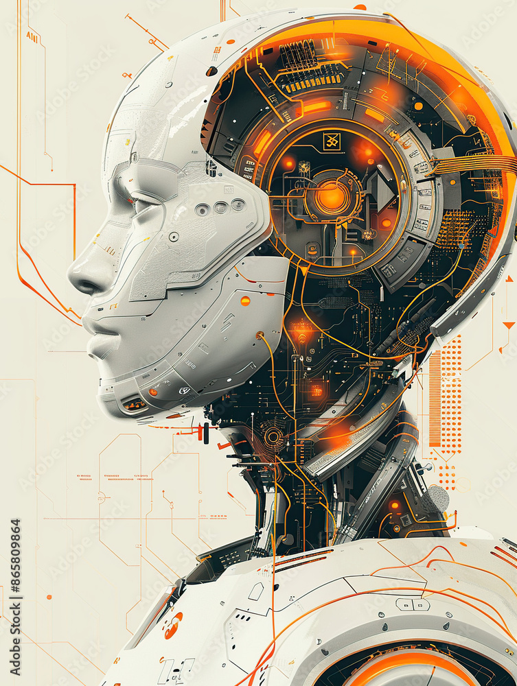 Poster a digital illustration of an ai robot head with a futuristic design, surrounded by circular orange a