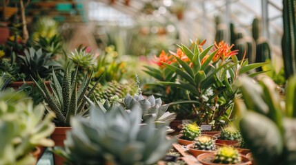 Close up image of lovely desert plants in a store greenhouse