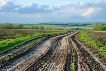Fototapeta premium Road remnants in spring field used by heavy vehicles