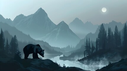 wilderness landscape with bear silhouette and misty mountains. 