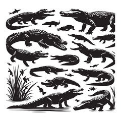 Fototapeta premium Black silhouettes of crocodiles on a white background