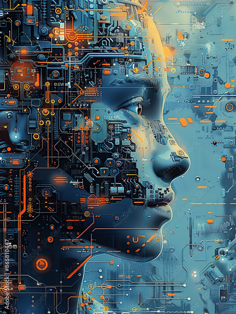 Aufkleber artificial intelligence, close-up of the face of an ai robot woman made up with circuitry and microc