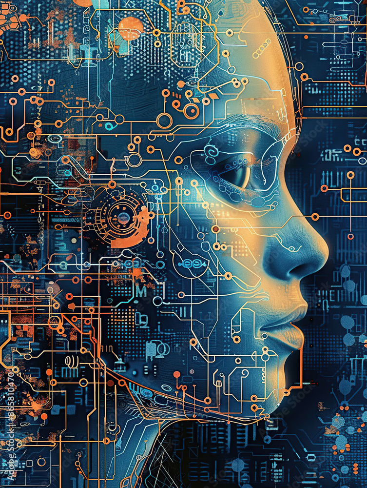 Aufkleber artificial intelligence, close-up of the face of an ai robot woman made up with circuitry and microc