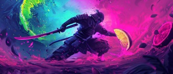 Obraz premium Samurai Slicing Through Fruit with Swords in a Vivid, Neon-Colored Battle Scene Featuring Dynamic Splashes and Swirls of Pink, Blue, and Green