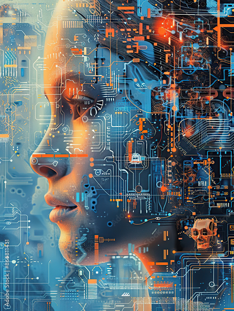 Aufkleber artificial intelligence, close-up of the face of an ai robot woman made up with circuitry and microc