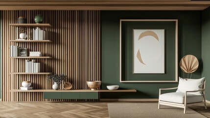 Wooden and green living room interior with shelves and poster
