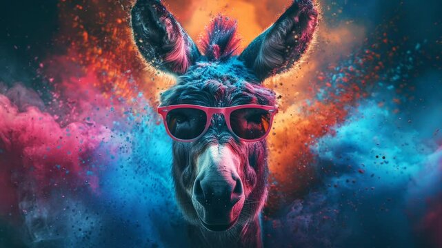 cute donkey wear sunglasses with powder splash background