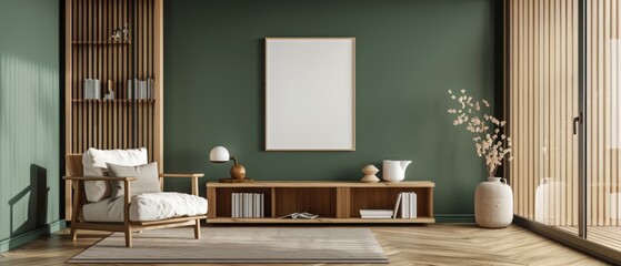 Wooden and green living room interior with shelves and poster