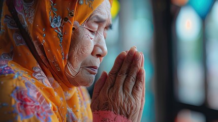 Obraz premium A woman in an orange scarf is praying. Generate AI image