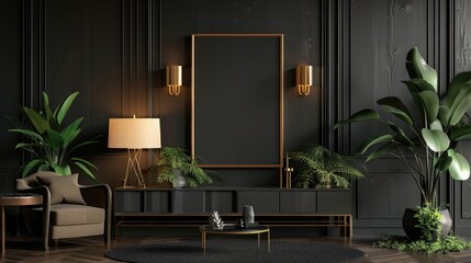 Empty Mockup frame on cabinet in living room interior on empty dark wall background