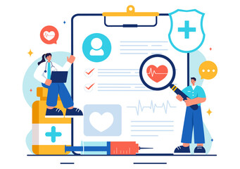Vector Illustration of an Anamnesis System Providing Information About Diseases and Healthcare Databases in a Flat Style Cartoon Background