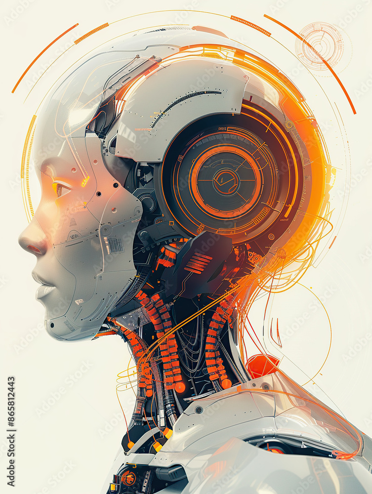 Poster a digital illustration of an ai robot head with a futuristic design, surrounded by circular orange a