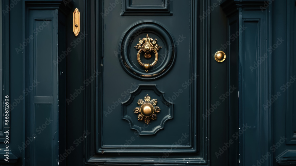 Wall mural mysterious black door with ornate gold handle, intricate design details